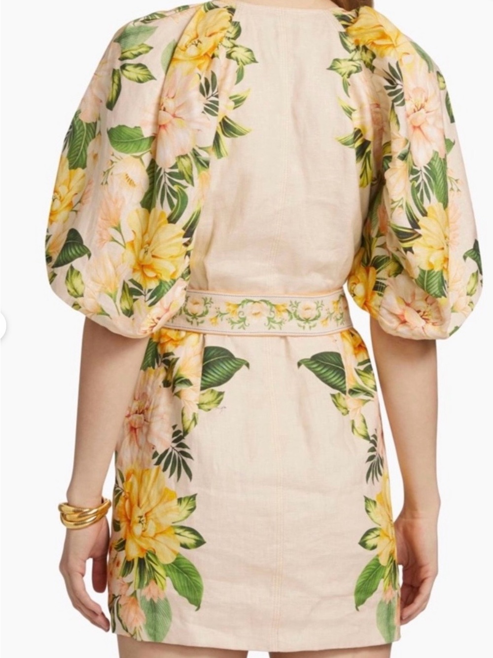 FARM Rio Yellow & Green Floral Puff-Sleeve Mini Dress